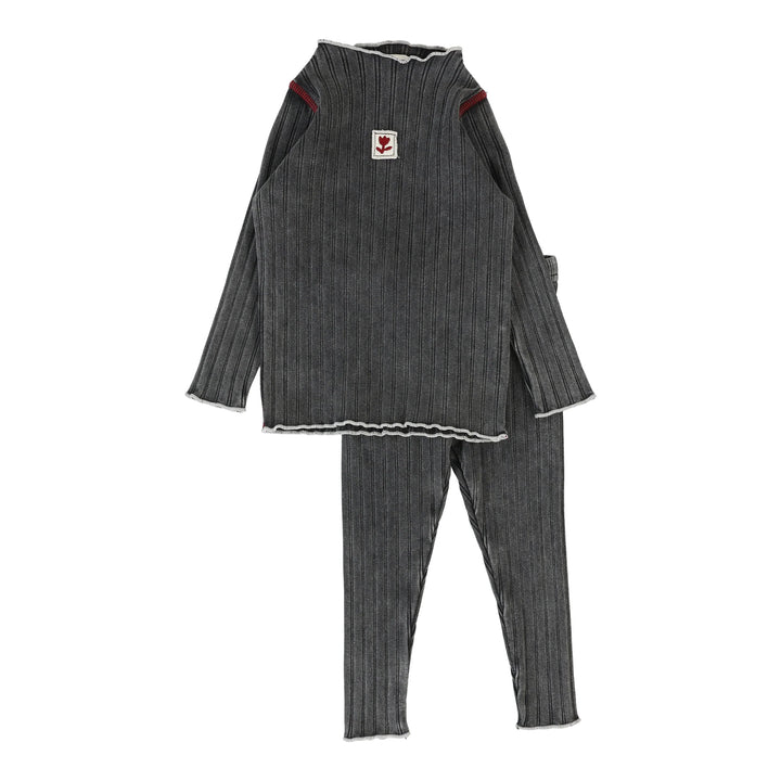 set outfit contrast funnel neck ribbed top and pants - black wash